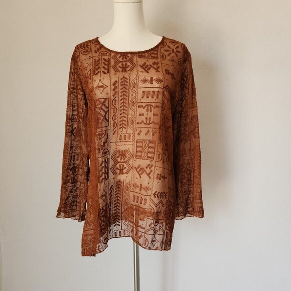 Chico's Silk Embroidered Beaded Blouse Long Sleeve Sheer Chiffon Brown - Picture 1 of 11